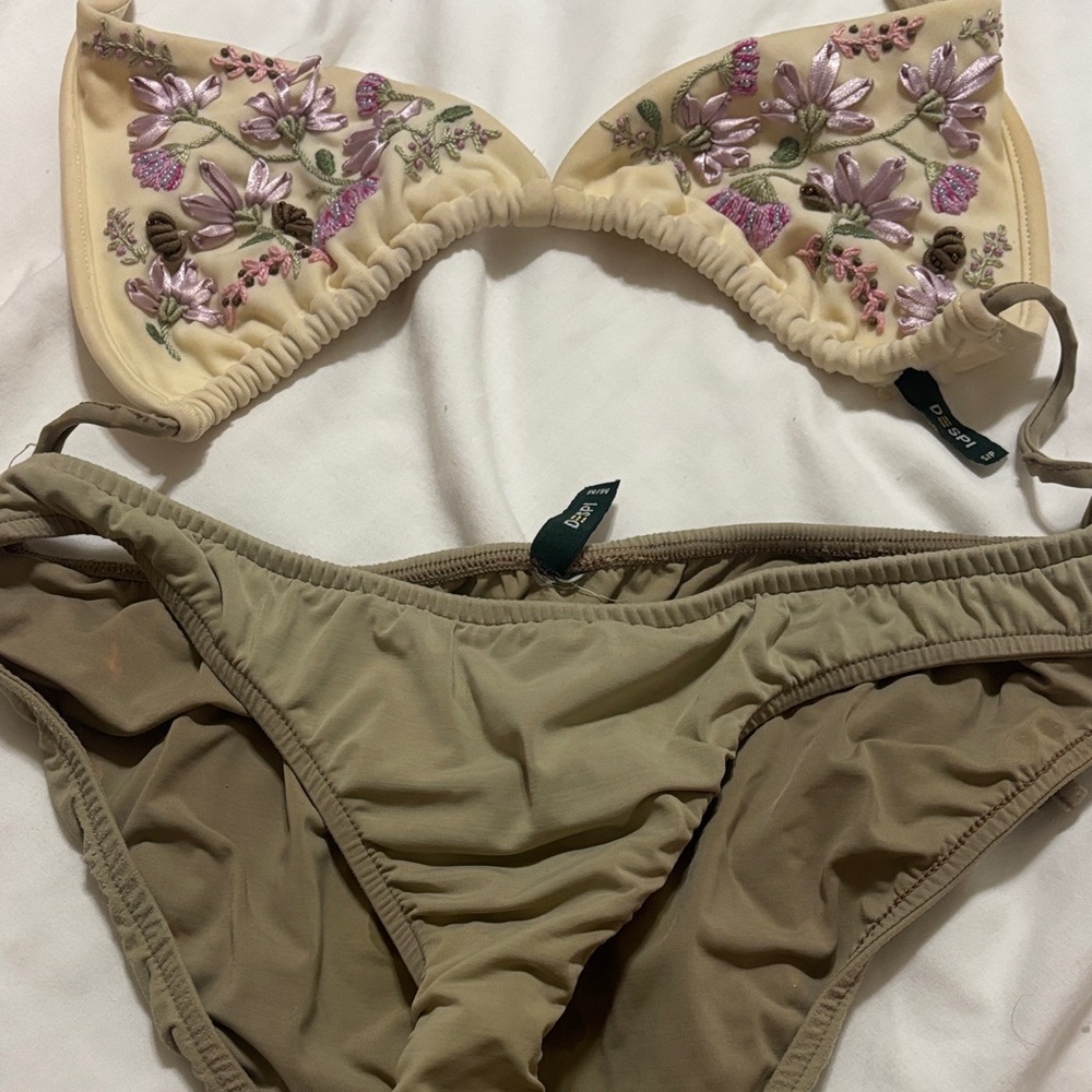 Despite Embroidered Floral Bikini Top with Olive Green Bottom.
